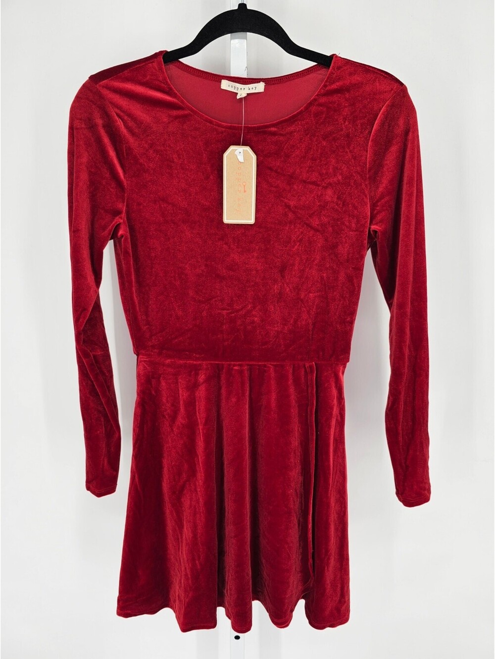 Copper Key Womens Sz S Long Sleeve Knee Length Dress Red Velvet Velour NEW